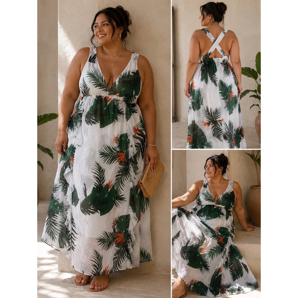 ASOS Maxi Dress Women Size 24 White Green Tropical Palm Print Cross Back Ruffle